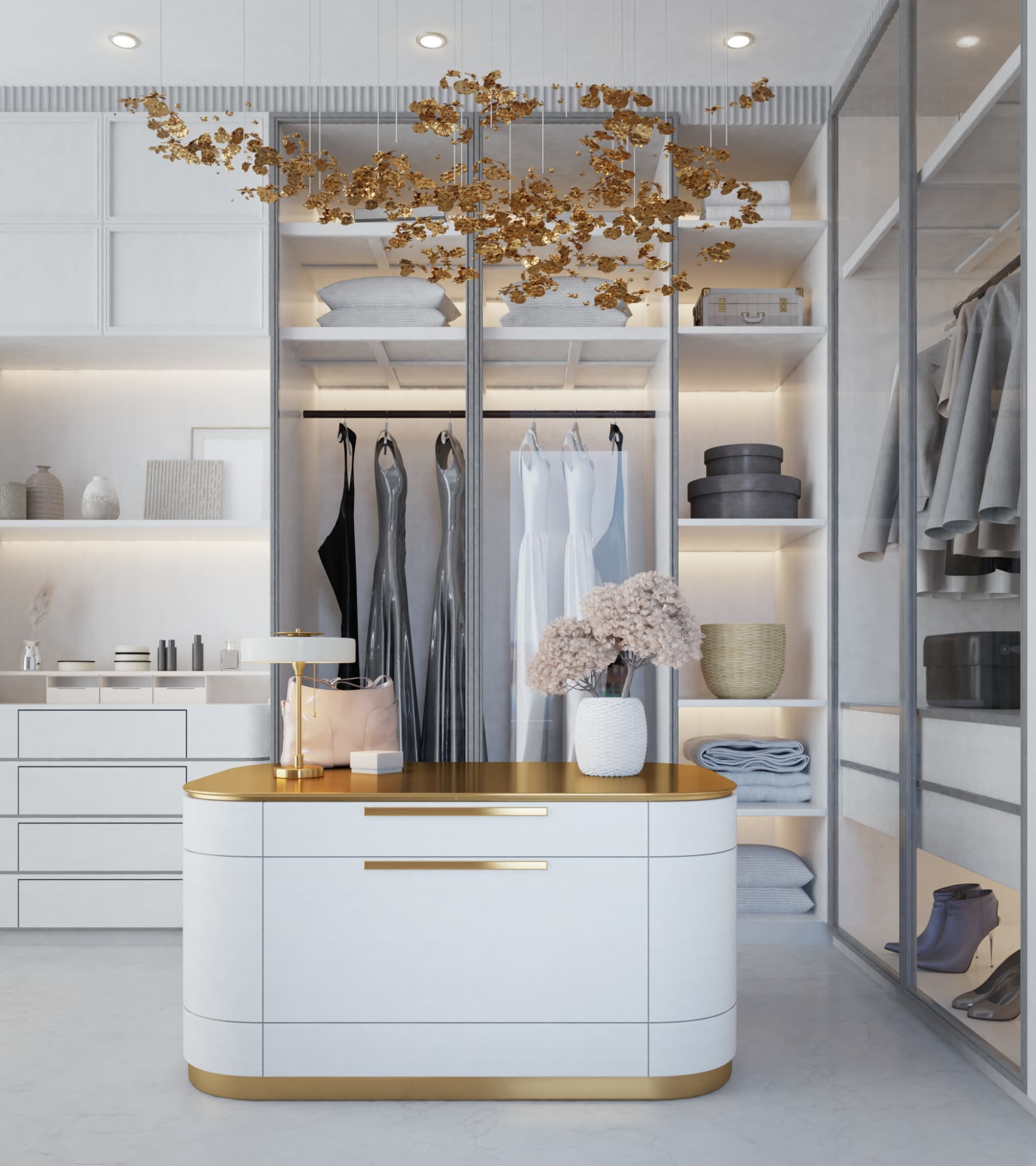 Custom walk-in closet with a central island, illuminated built-in cabinetry and glass display cases
