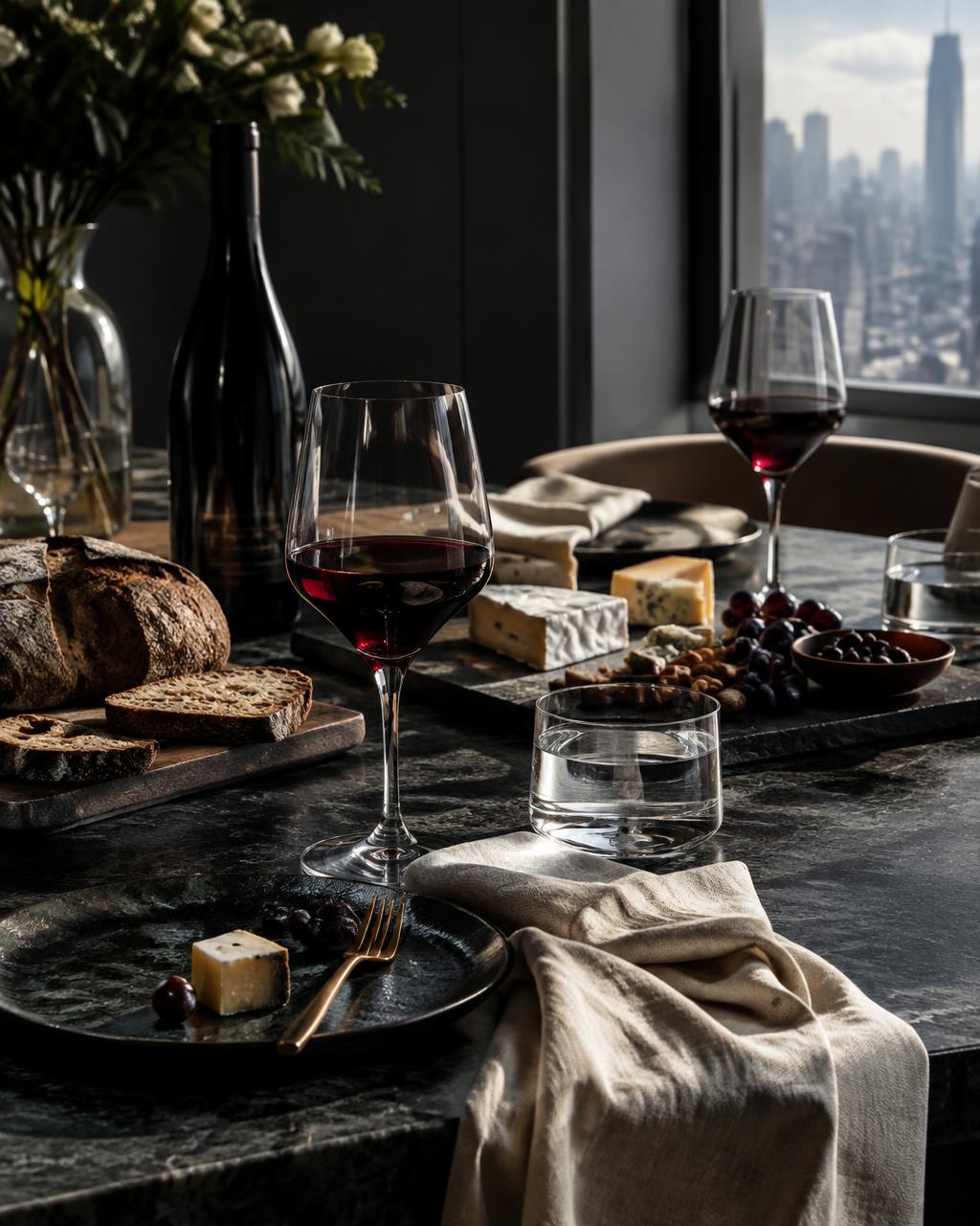 Wine, artisan cheese and bread on a refined dining table