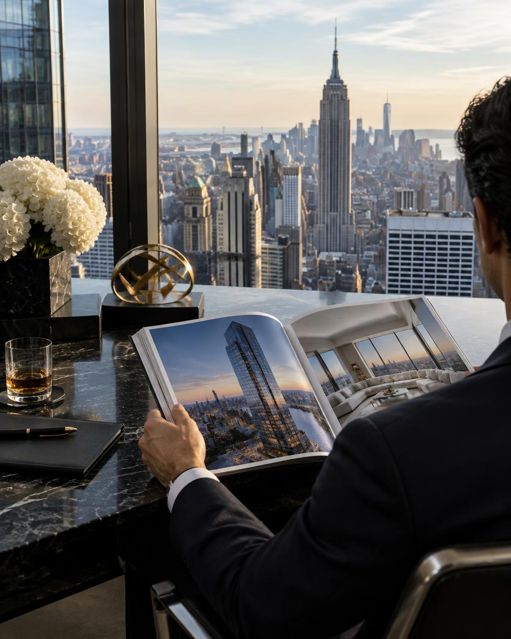 Real estate professional reading a property journal
