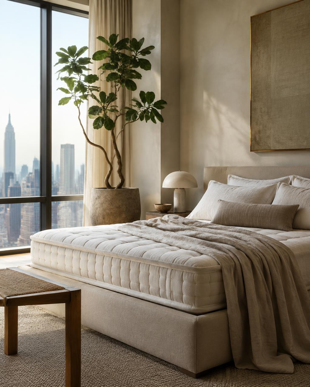 Serene bedroom with a handmade mattress and city view